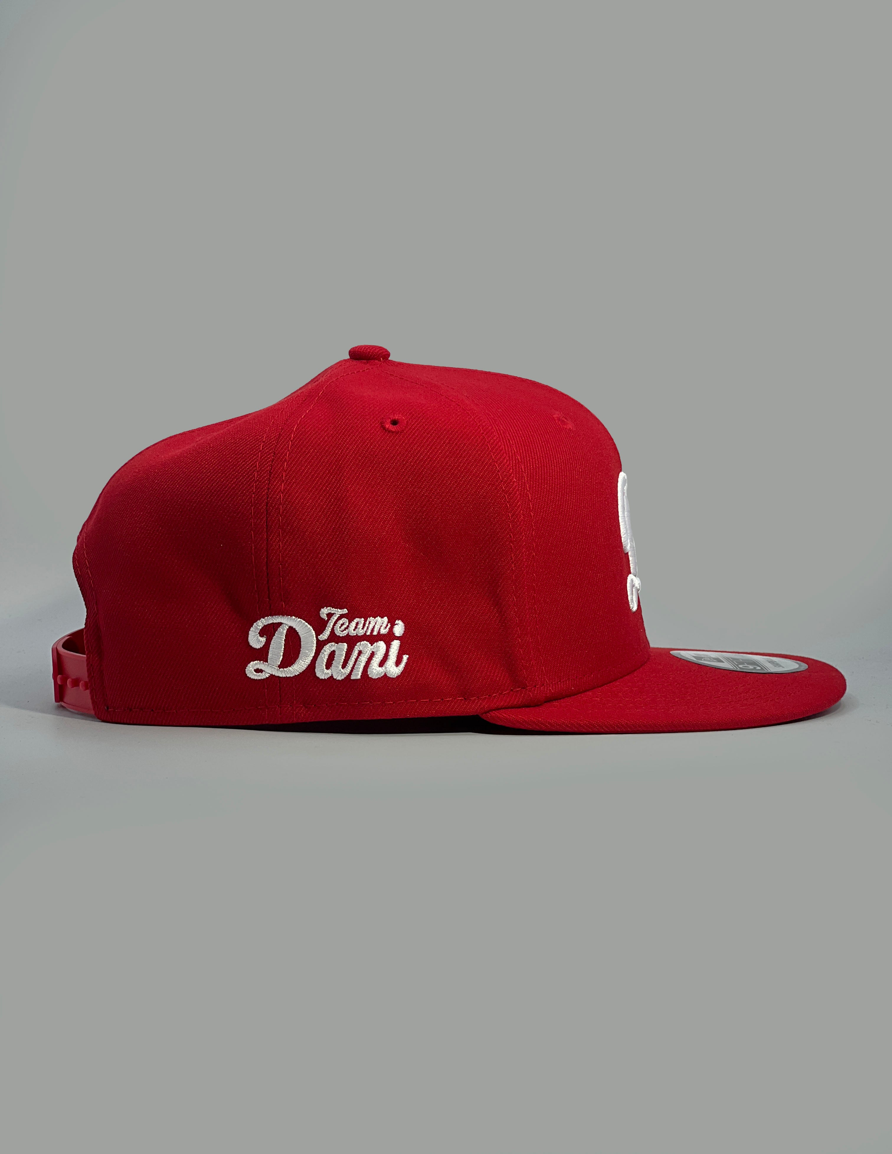 Red cap with 'Team Dani' text on a gray background