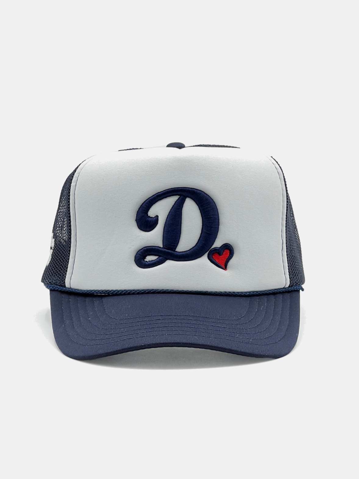 Trucker hat with a large 'D' logo on a white background